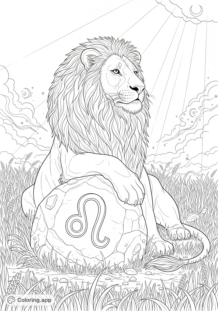 Capture the powerful essence of a majestic Leo lion reclining in a textured field with the prominent 	 symbol. A detailed astrological coloring page for adults.