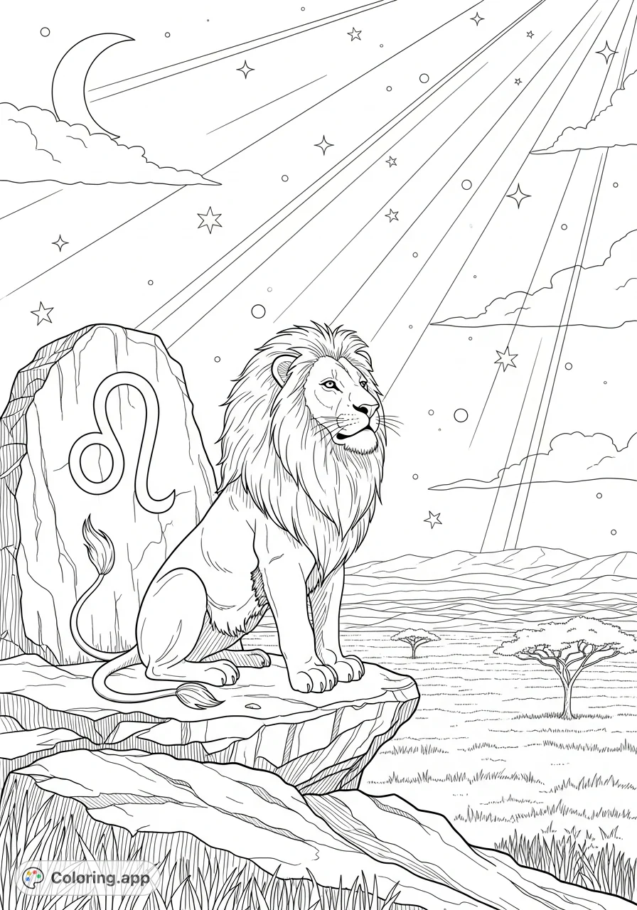 Capture the regal spirit of a powerful Leo lion surveying its savanna domain, with the ♊ symbol subtly carved into ancient stone. A majestic animal coloring page.