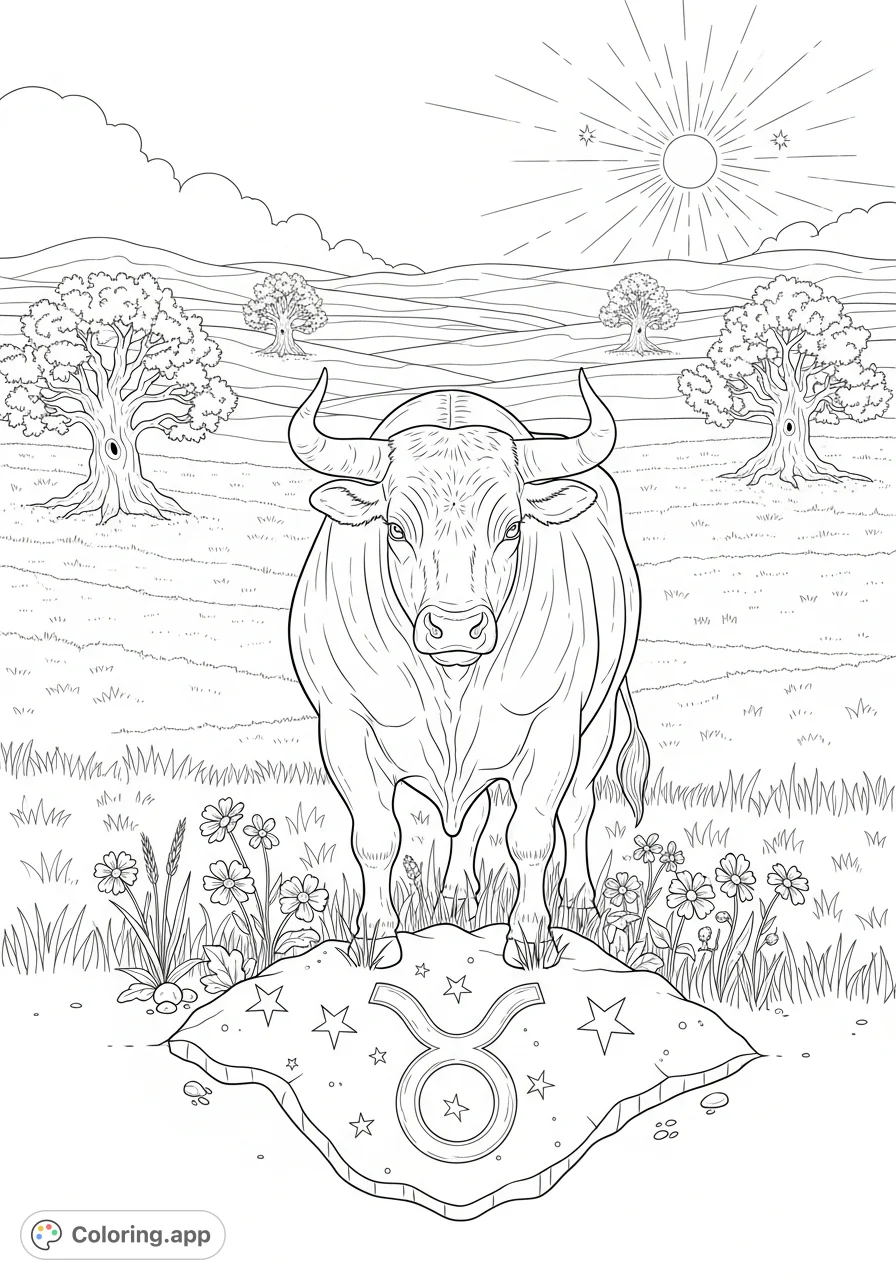 Discover a majestic Taurus bull standing serenely in a sunlit meadow, surrounded by wildflowers and ancient oak trees. A subtle ♉ symbol completes this powerful scene.