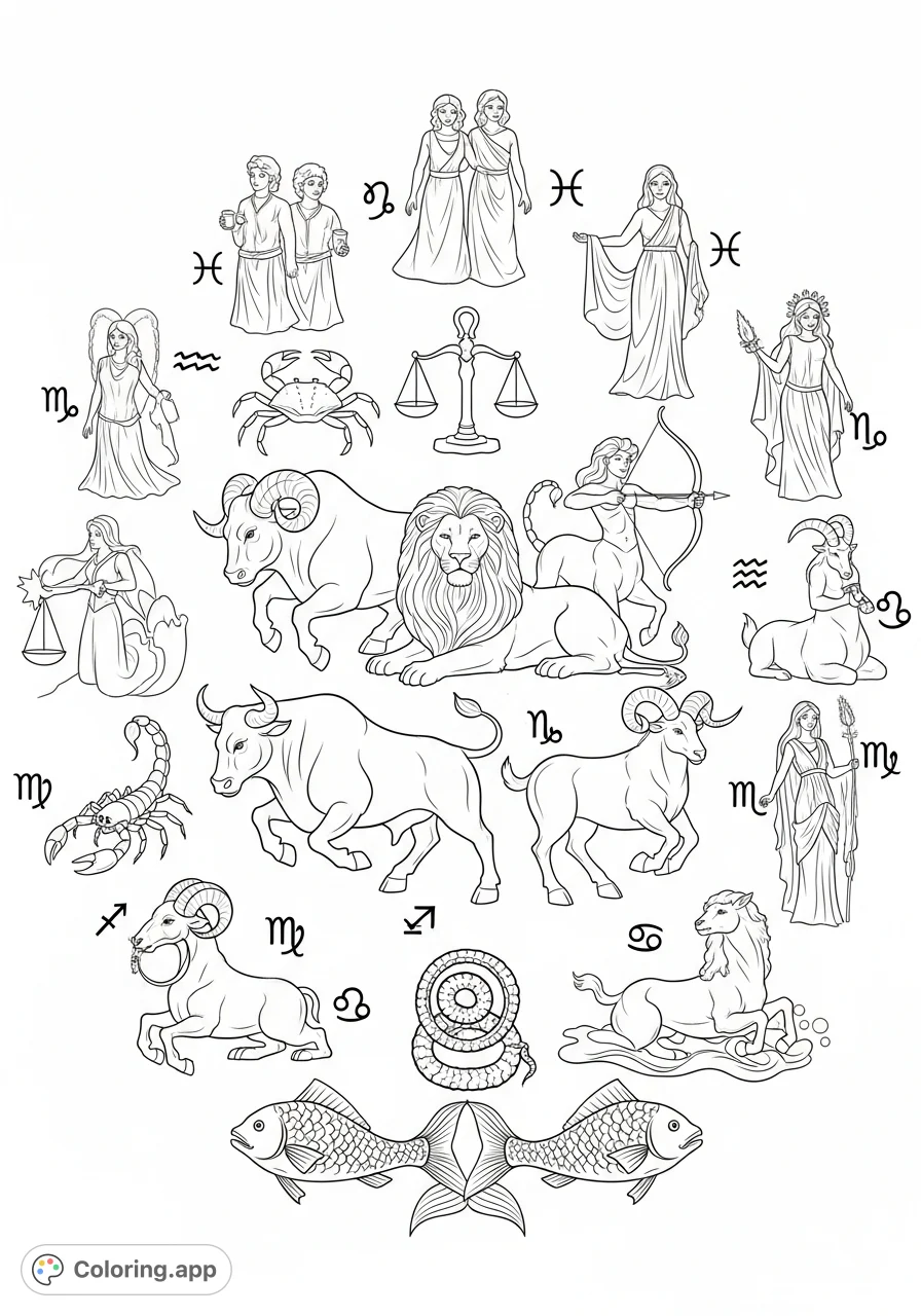 Discover a majestic gathering of all twelve zodiac creatures in a grand semicircle. Each unique figure and its astrological symbol offer a rich, detailed coloring experience.