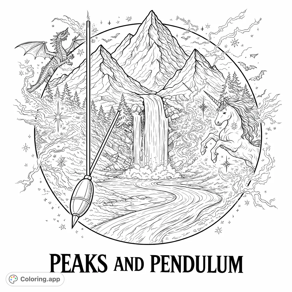 A dynamic fantasy scene featuring majestic mountains, a cascading waterfall, and a winding river within a circular emblem, highlighted by a prominent pendulum and striking lightning effects.