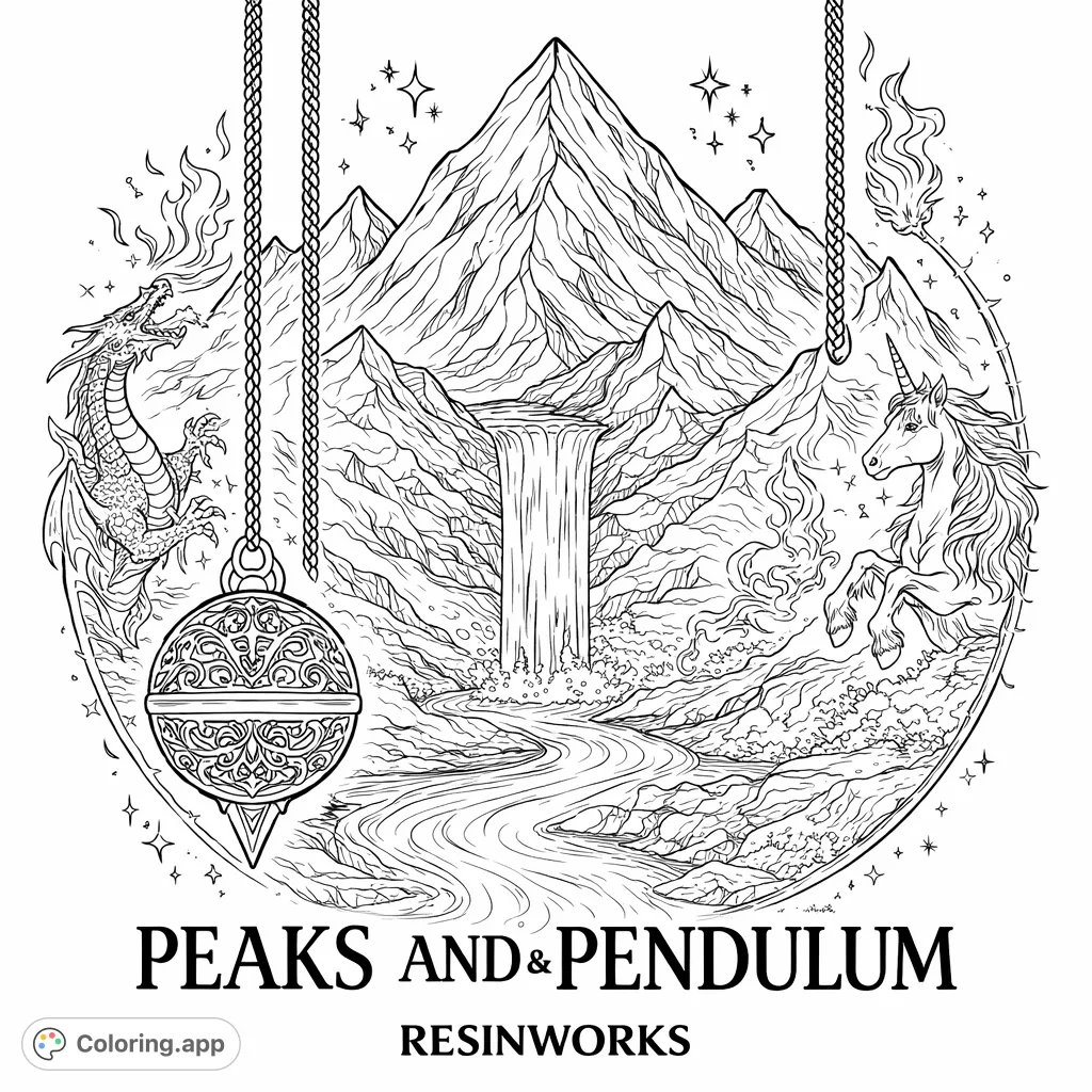 Unleash your creativity with this mystical mountains and ornate pendulum coloring page. Perfect for fantasy enthusiasts and mindful coloring.