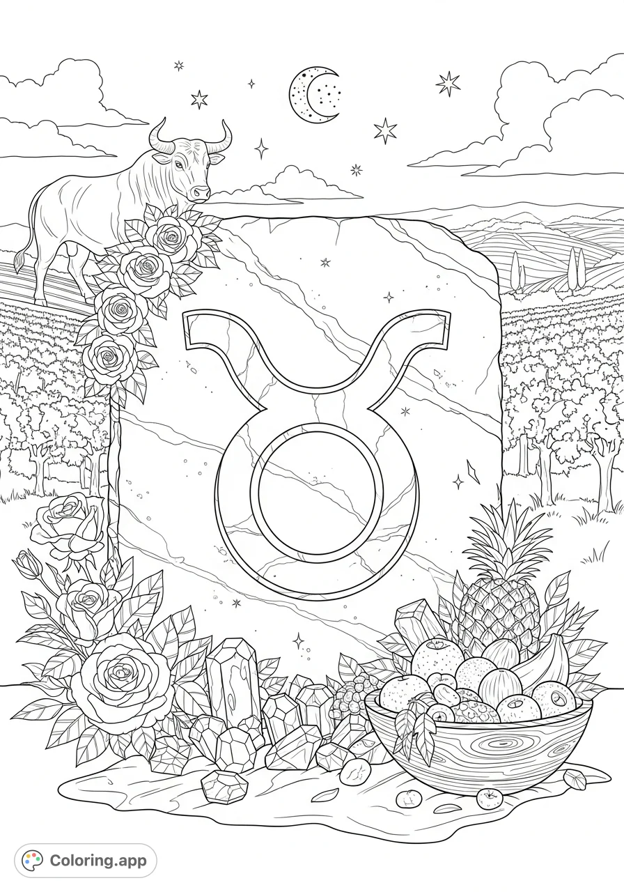 Discover an intricate Taurus symbol carved in marble, surrounded by roses, gemstones, and fruits, with a calm bull in a terraced vineyard under a clear sky.