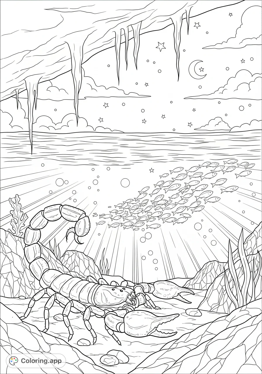 An ancient scorpion camouflaged on volcanic rocks observes fish, with flowing algae and bioluminescent plankton in the deep ocean. A mysterious underwater scene.