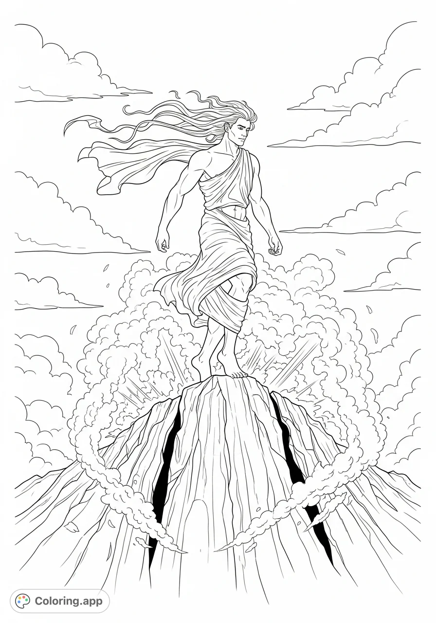 A powerful male angel stands poised on a weathered peak, amidst churning clouds and ancient rock, with his hair and cloth interacting dynamically with the wind.