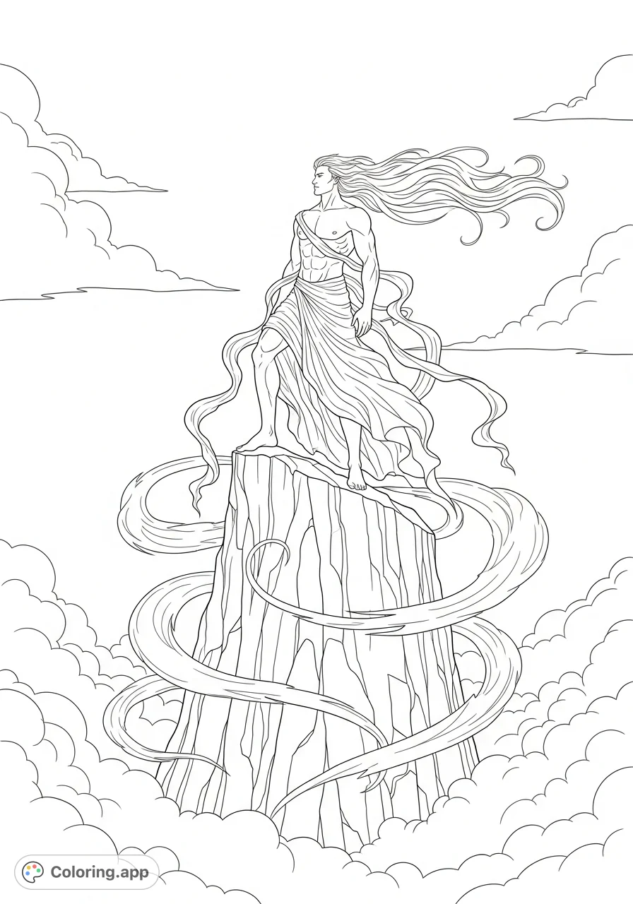A powerful male angel stands majestically on a towering craggy peak, surrounded by swirling mists. His gaze fixed on a distant horizon, embodying strength and grace.