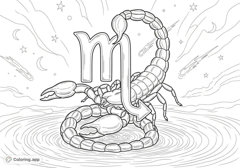 Discover a striking Scorpio coloring page featuring the zodiac symbol etched on obsidian, encircled by a powerful scorpion and swirling water. Perfect for astrology enthusiasts!