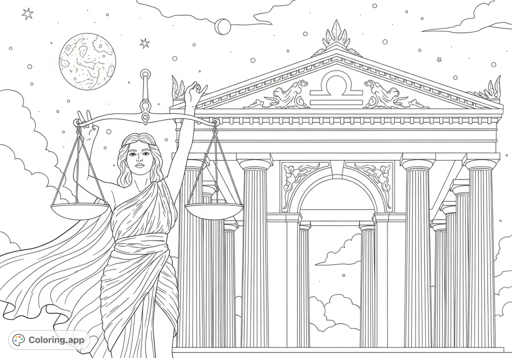 Discover balance with this serene Libra figure holding scales against a grand classical temple. A thoughtful astrological coloring page for all ages.