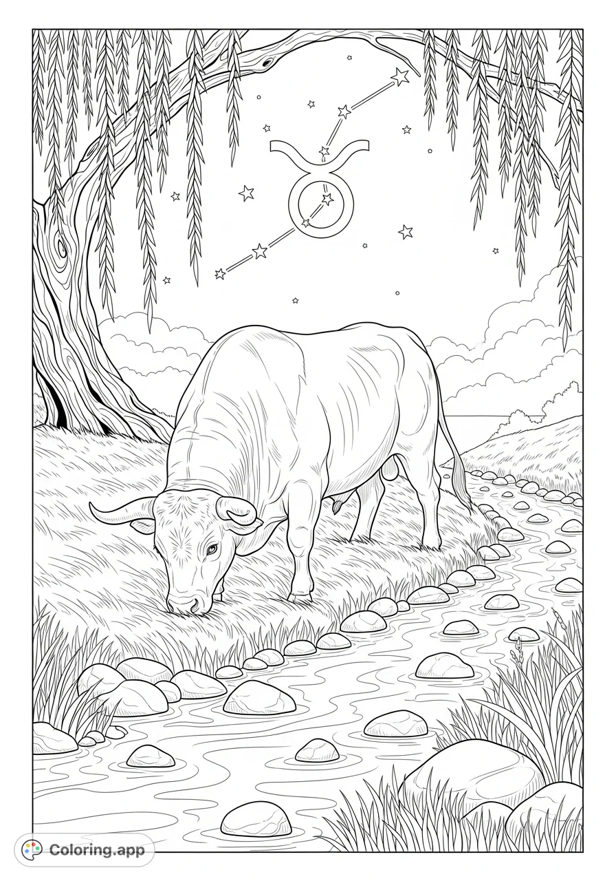 Color a majestic Taurus bull grazing by a serene stream under a star-filled night sky with the ♉ Taurus constellation visible through willow branches.