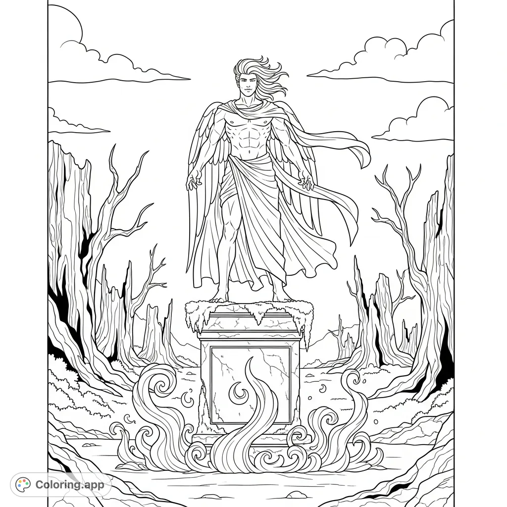 A majestic angel stands triumphantly on an ancient stone plinth amidst petrified trees, surrounded by mysterious, swirling energy. An epic fantasy coloring page.