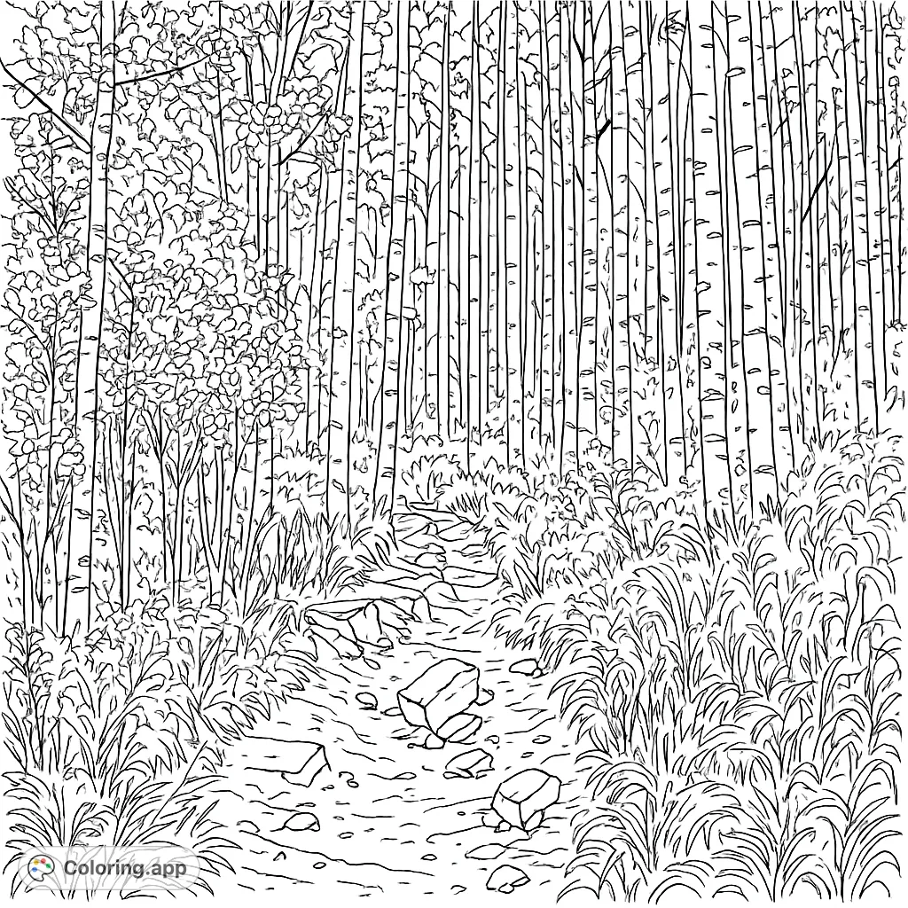 Explore a peaceful forest path winding through tall trees and lush undergrowth. A serene nature scene, perfect for a relaxing coloring escape.