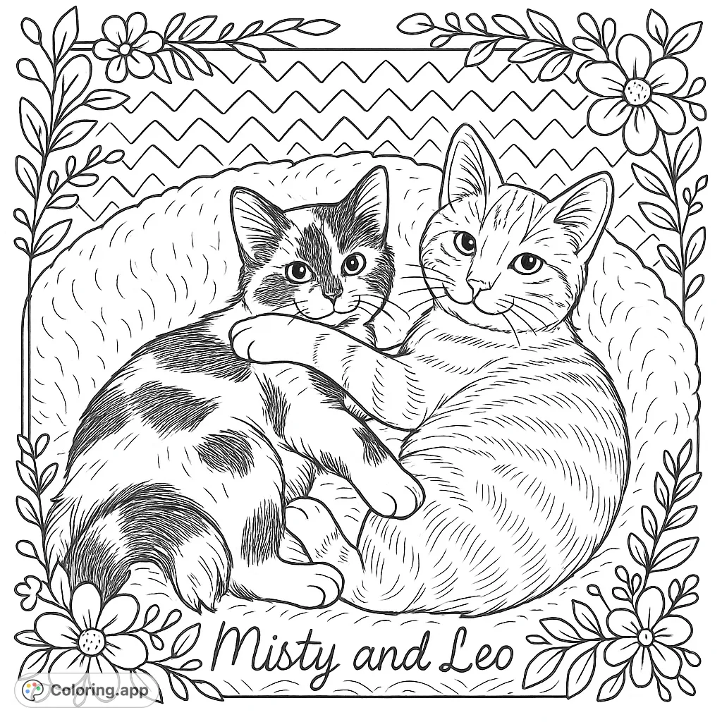 Discover a heartwarming kitten coloring page featuring two adorable feline friends snuggled in a soft bed. Enjoy adding playful patterns and whimsical details!