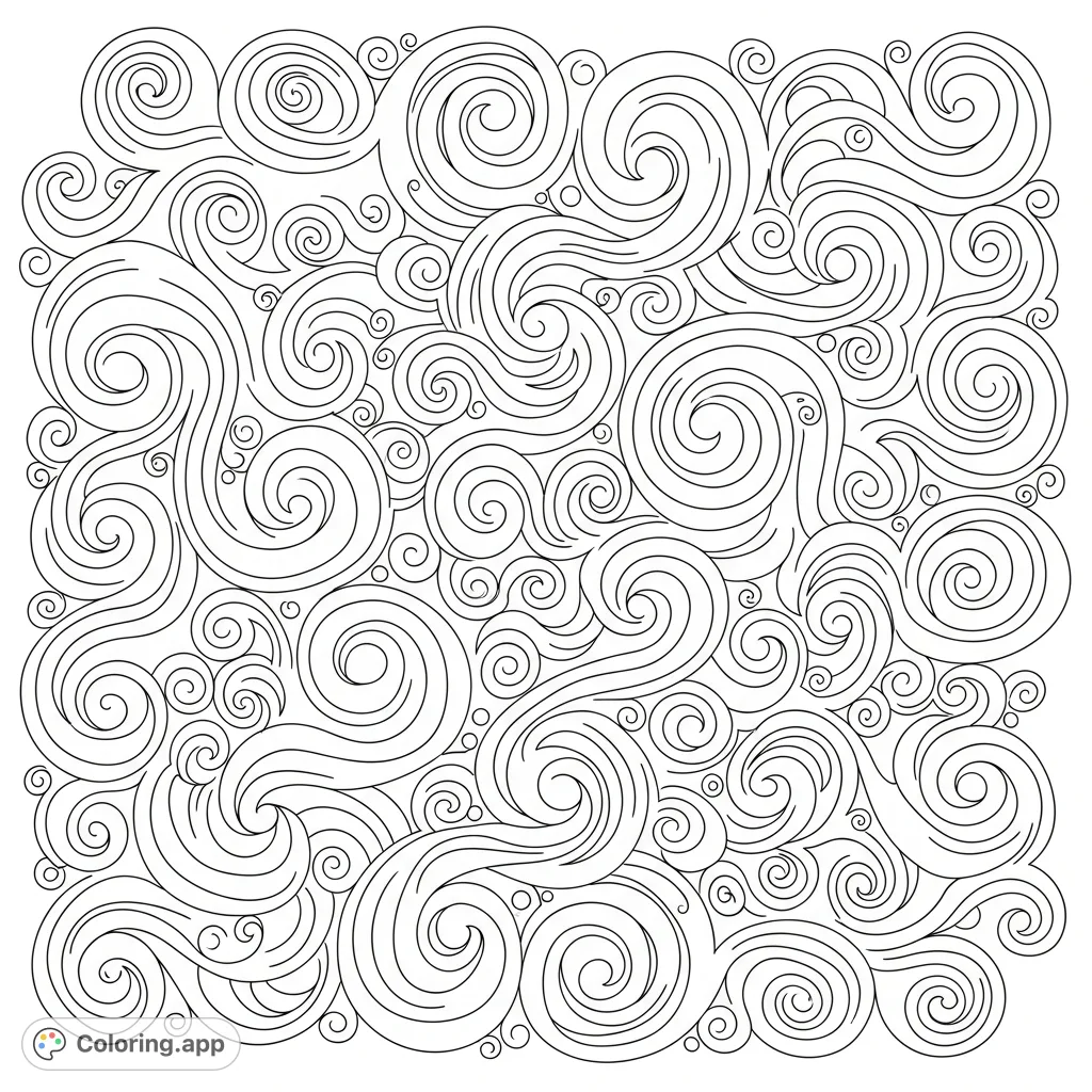 Immerse yourself in a captivating abstract coloring page featuring an intricate dance of flowing, twisted, and dynamic swirl patterns, inviting creative exploration.