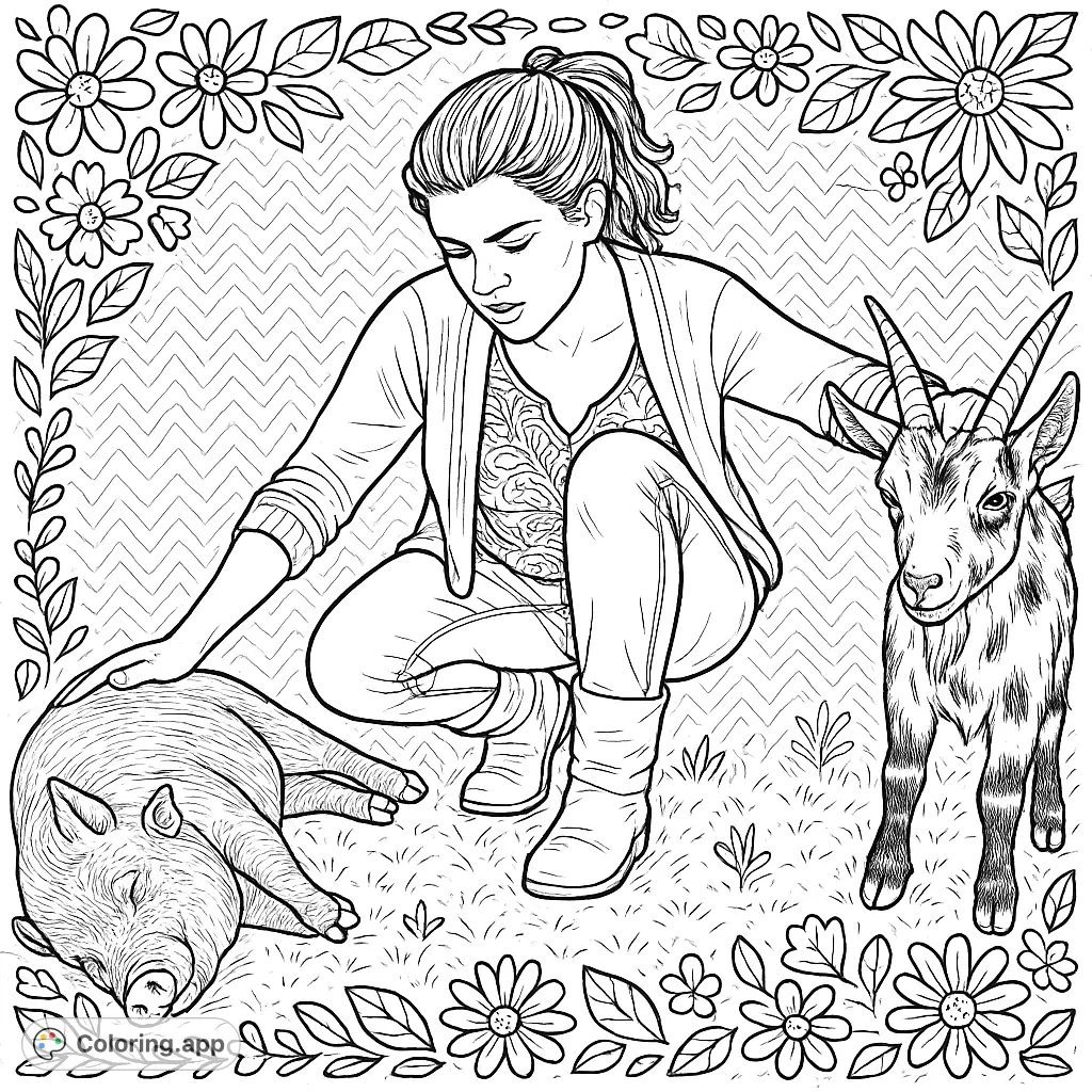 A whimsical hand-drawn sketch of a person petting a pig and goat on a farm, surrounded by decorative details and a playful zigzag background.