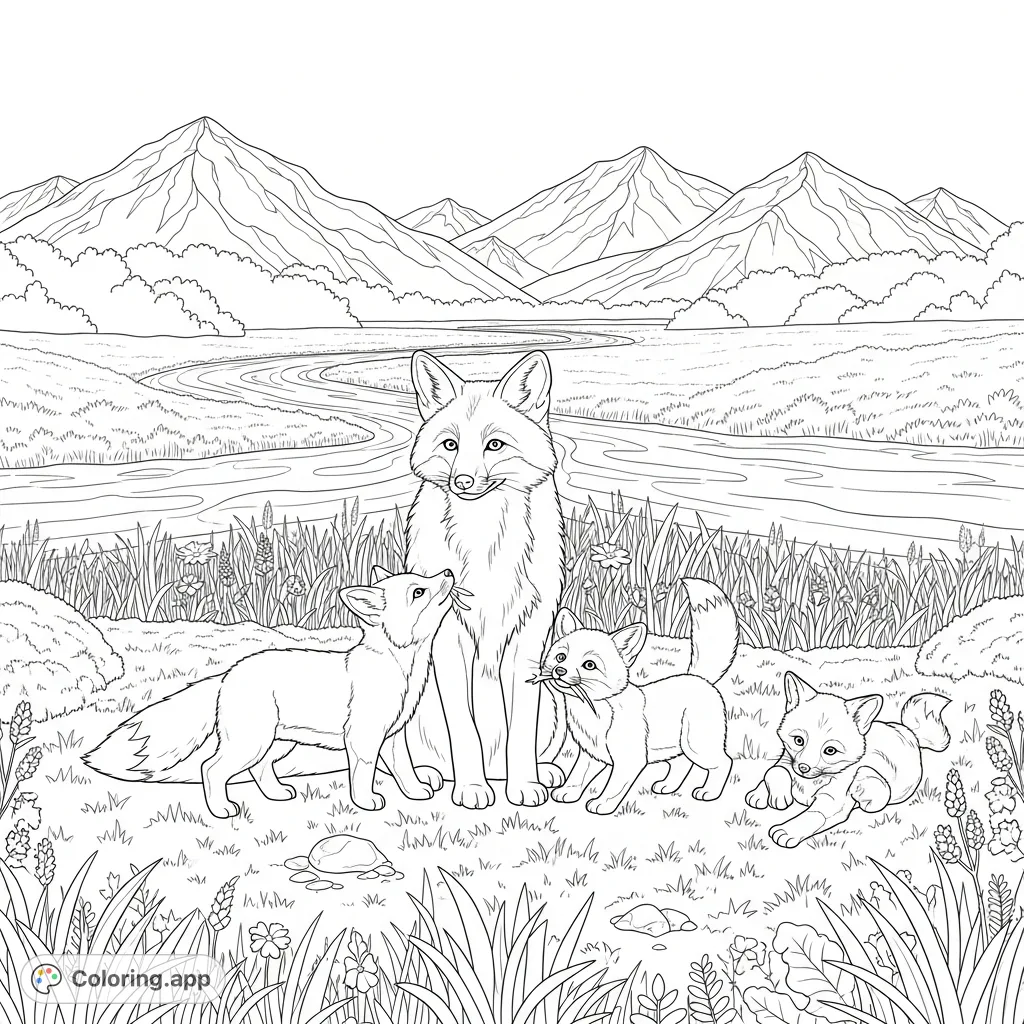 Discover a charming fox family in a vibrant meadow by a winding river with majestic snow-capped mountains. A delightful nature coloring page.