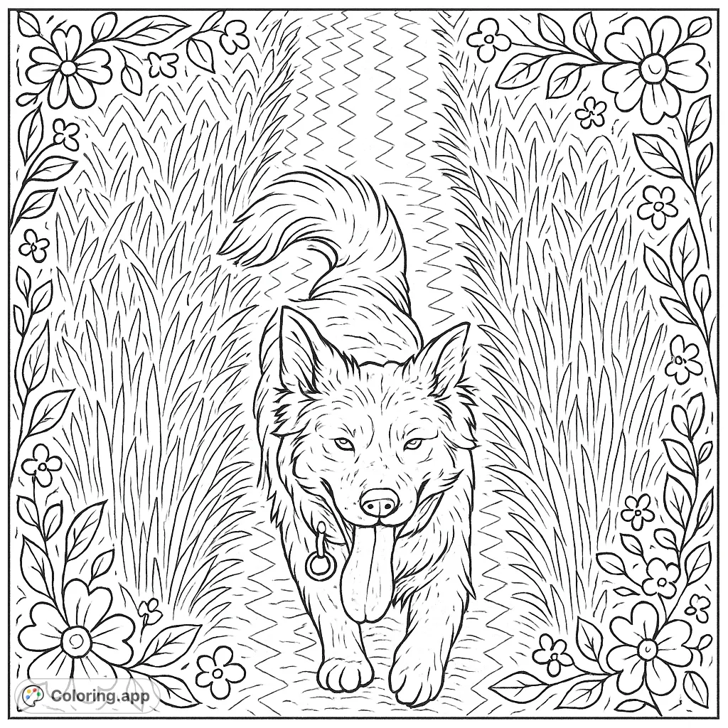 Embark on a whimsical journey with this playful dog's path adventure coloring page. Features a happy canine walking through tall grass with decorative borders and a zigzag background.