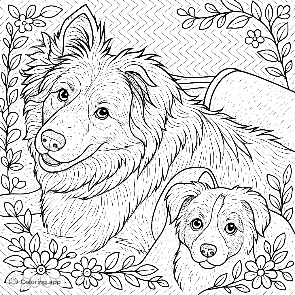 A heartwarming free printable dogs coloring page featuring a large, shaggy companion and an adorable, marked puppy. Whimsical and playful, with intricate details.