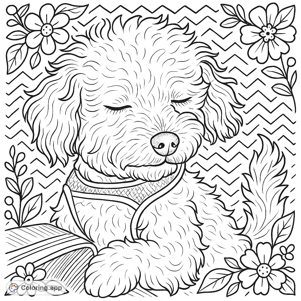 Discover a charming, whimsical sleeping dog coloring page. This free printable features a cuddly, hand-drawn pup, surrounded by decorative details and a playful zigzag background.