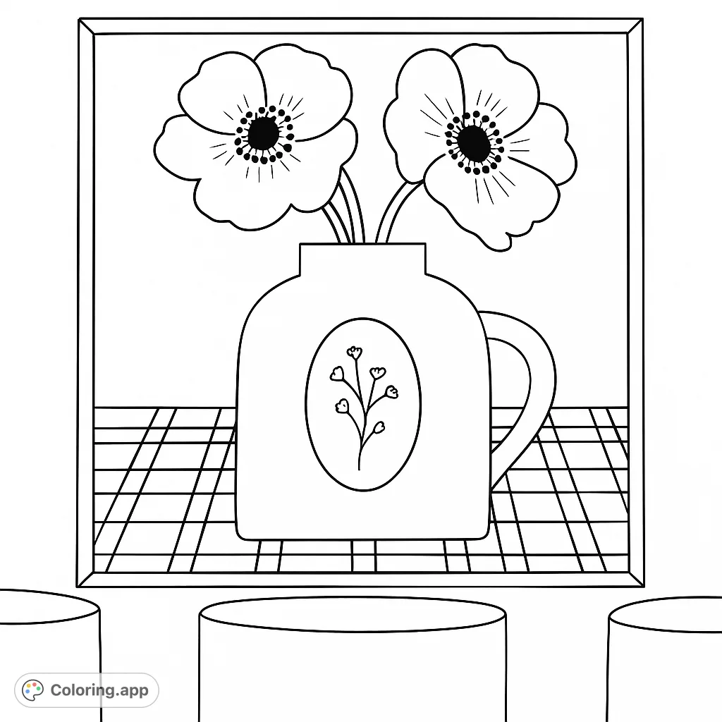 A charming, stylized still life featuring a pitcher with a delicate floral emblem, holding three large blossoms, set against a lively checkered background.