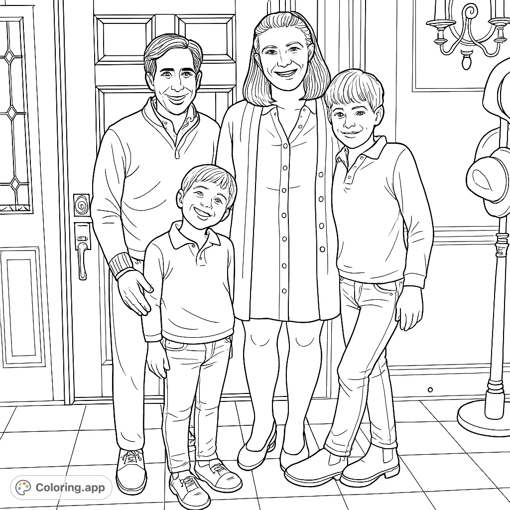 A heartwarming family portrait featuring two adults and two smiling children standing together, ready for creative coloring.