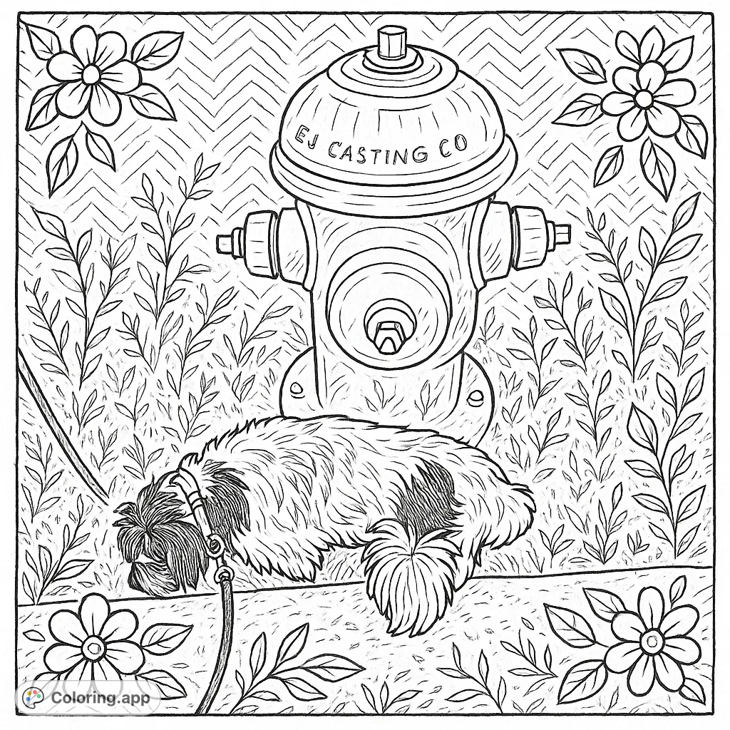 A whimsical coloring page featuring a fluffy dog sniffing curiously by a detailed fire hydrant, set against a background with zigzag patterns and decorative floral borders.