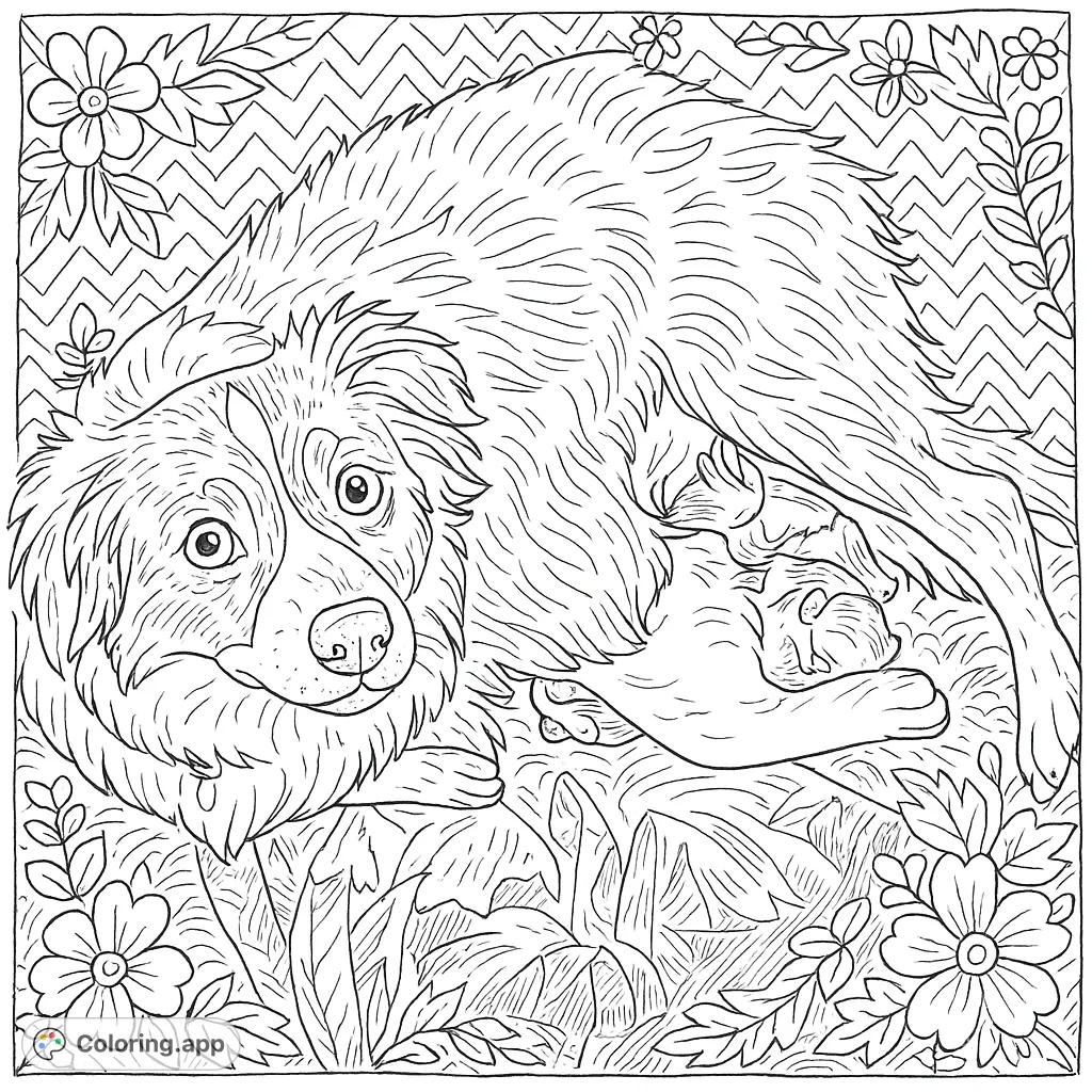 A heartwarming scene of a loving mother dog with her adorable newborn puppies. This whimsical, hand-drawn design is perfect for all ages to enjoy coloring!