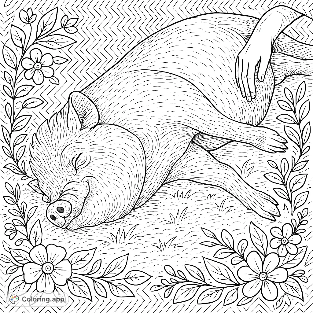 A whimsical pig enjoys a peaceful nap on a grassy field, lovingly petted by a gentle hand. A delightful, detailed coloring page with decorative borders and a zigzag background.