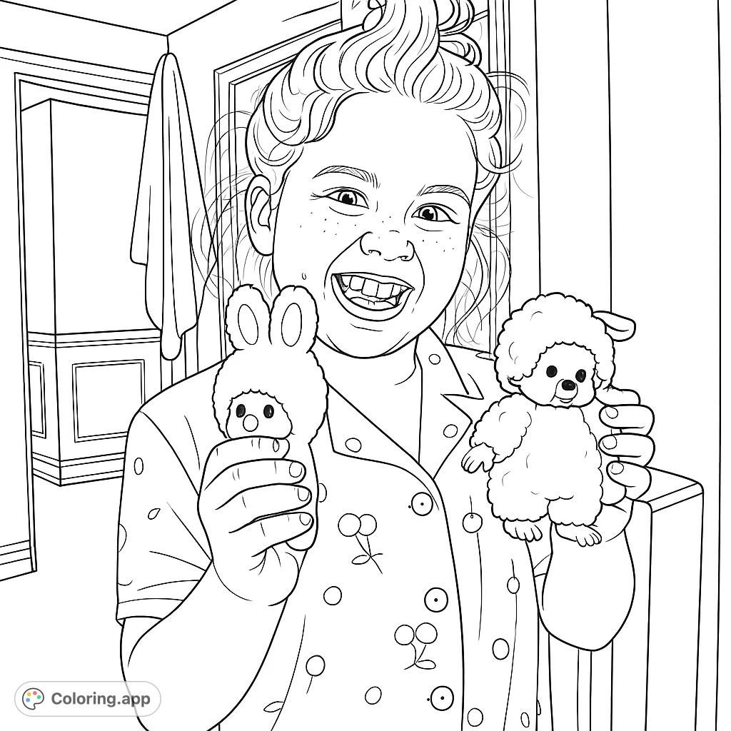 A delightful coloring page featuring a happy child holding two adorable plush toys, wearing pajamas with playful patterns. Perfect for creative fun.
