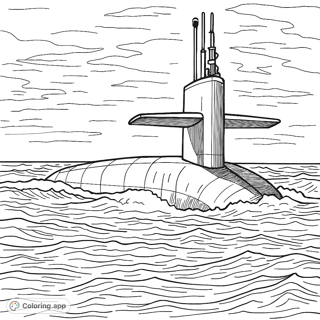 A powerful submarine surfaces in dynamic ocean waters. Explore the detailed conning tower and textured waves in this engaging naval vessel coloring page.