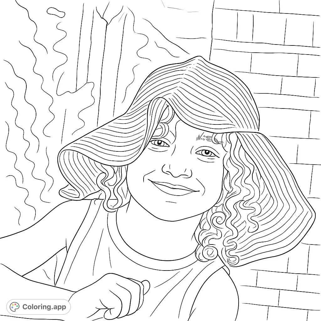 A charming child with a wide-brimmed hat and curly hair, offering a sweet smile. Perfect for a relaxing and heartwarming coloring experience.