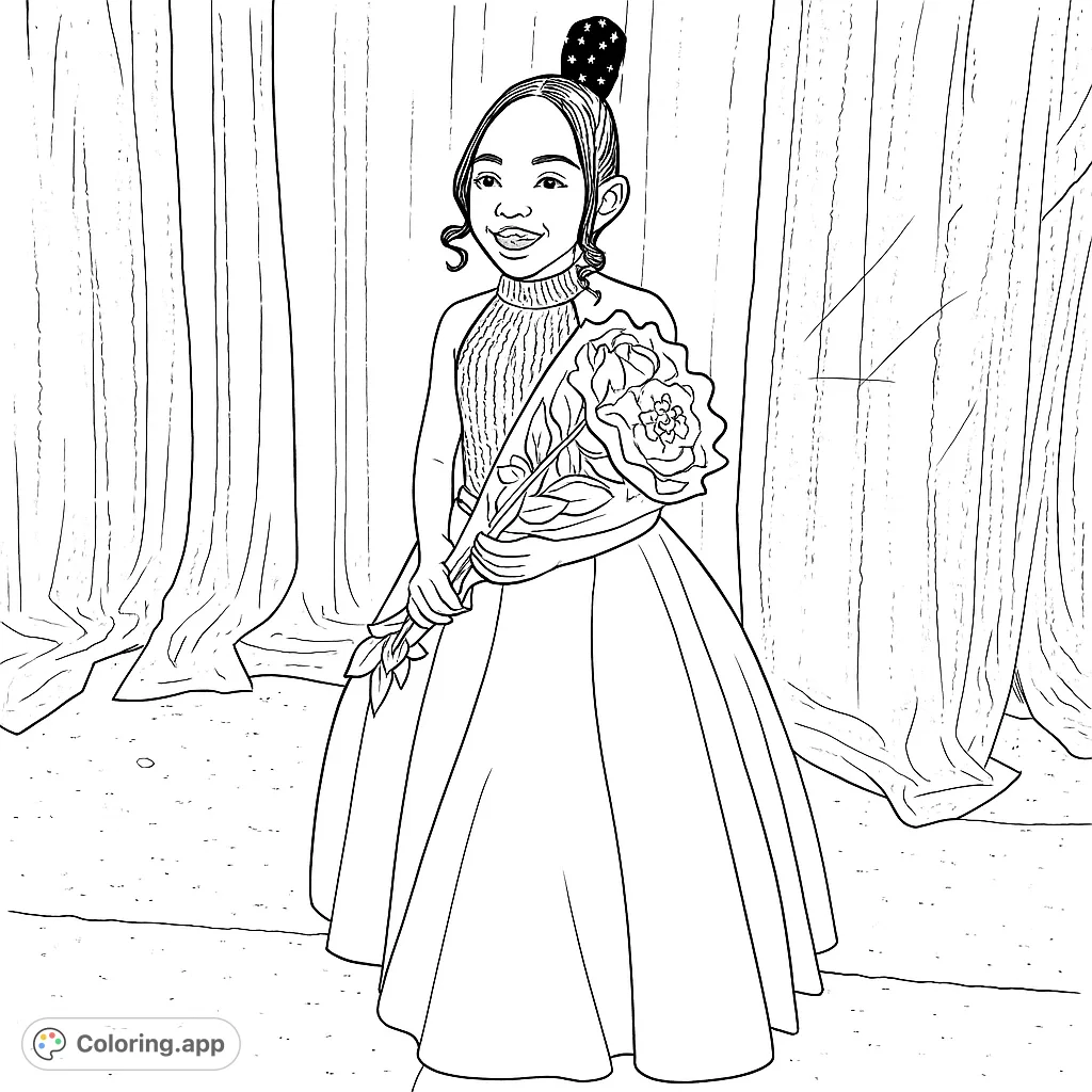 A delightful girl in a beautiful formal gown holds a grand bouquet of roses against a celebratory backdrop. Perfect for aspiring princesses and floral enthusiasts.