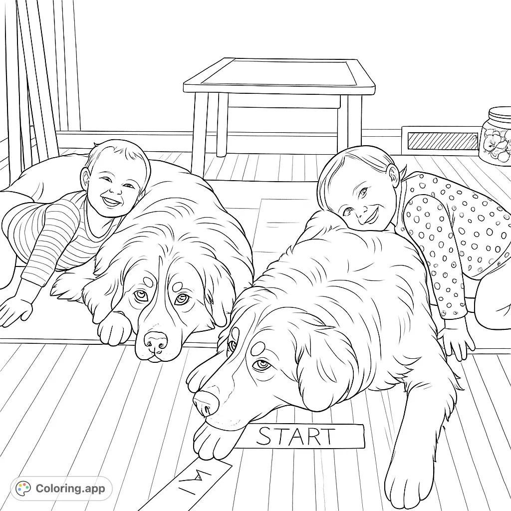 Capture heartwarming moments with this free printable children and dogs coloring page. Two joyful kids cuddle with their large, fluffy canine friends in a cozy home setting.