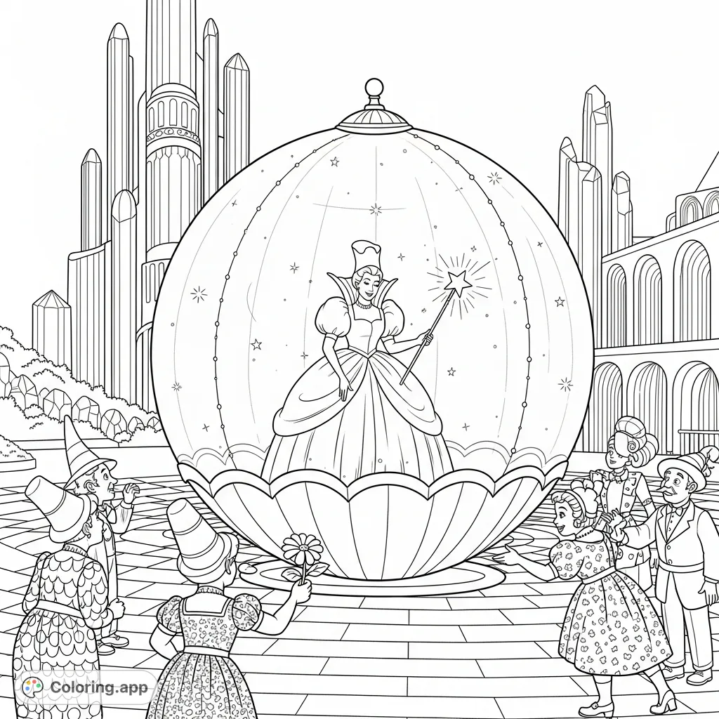 Witness Glinda's grand arrival at the Emerald City. Her magical bubble, elegant gown, and star wand captivate as Oz citizens greet her. A free printable fantasy coloring page.