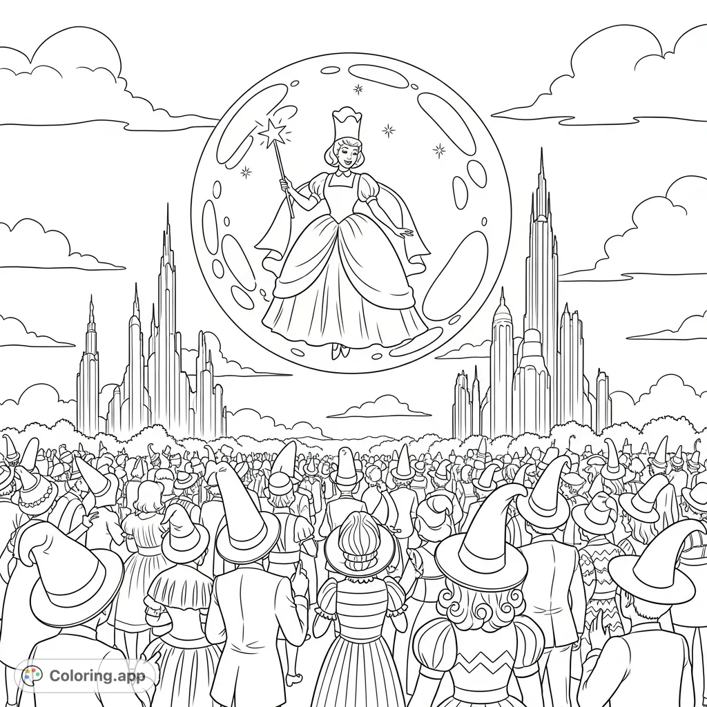 Glinda the Good Witch floats in her magical bubble above a delighted crowd, with the majestic Emerald City skyline in the background. A whimsical Oz adventure!