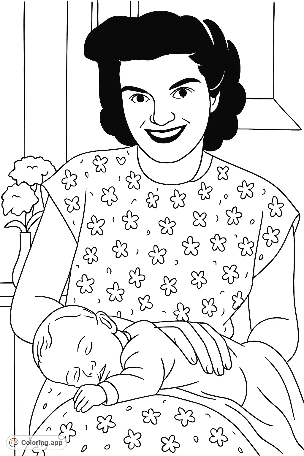 A heartwarming coloring page featuring a loving mother tenderly holding her baby. A beautiful scene capturing a special bond, perfect for relaxation and creative expression.