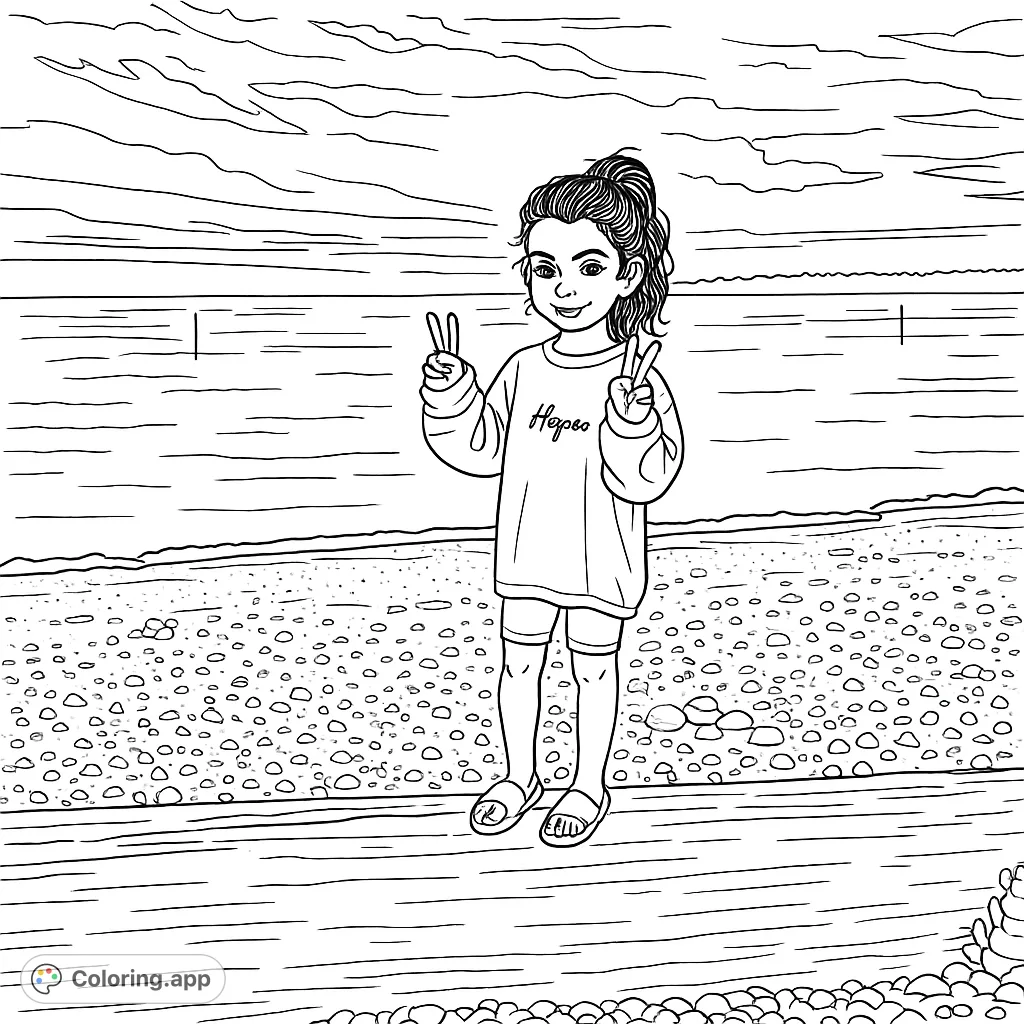 A joyful girl making peace signs on a textured beach log, with a vast body of water and a dramatic cloudy sky behind her. A serene shoreline scene.