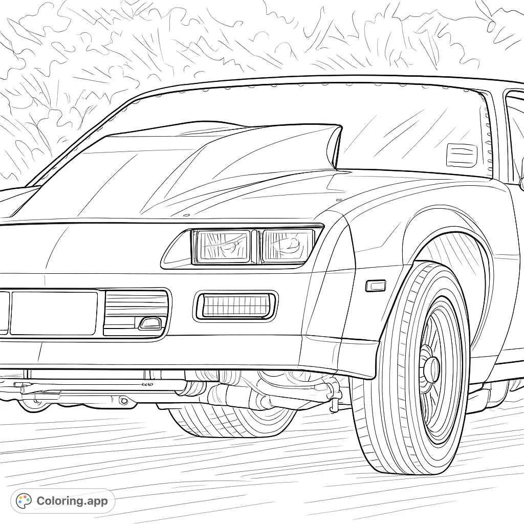 Experience the thrill of speed with this detailed muscle car coloring page, featuring a powerful hood scoop and sleek design, perfect for enthusiasts.