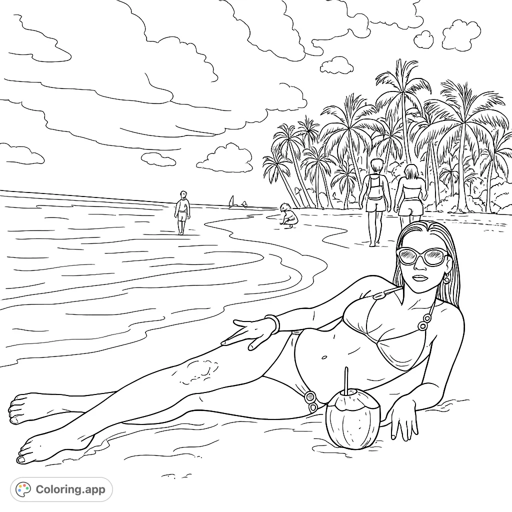 A woman reclines on a sun-drenched tropical beach with a refreshing coconut drink, framed by distant palm trees and ocean waves.