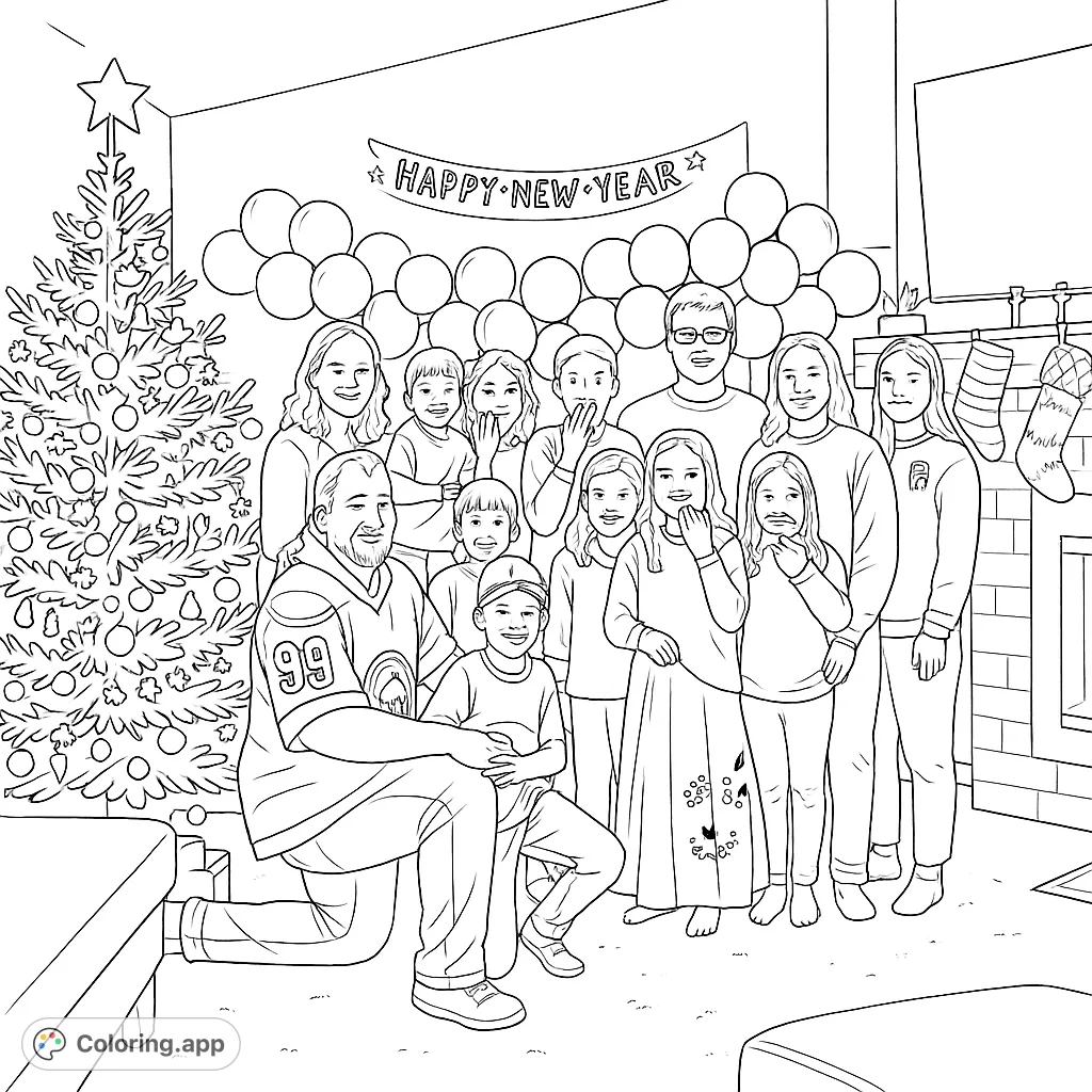 A joyful family gathers for a New Year's celebration, posing amidst festive decorations including a decorated tree, balloons, and a 'Happy New Year' banner.
