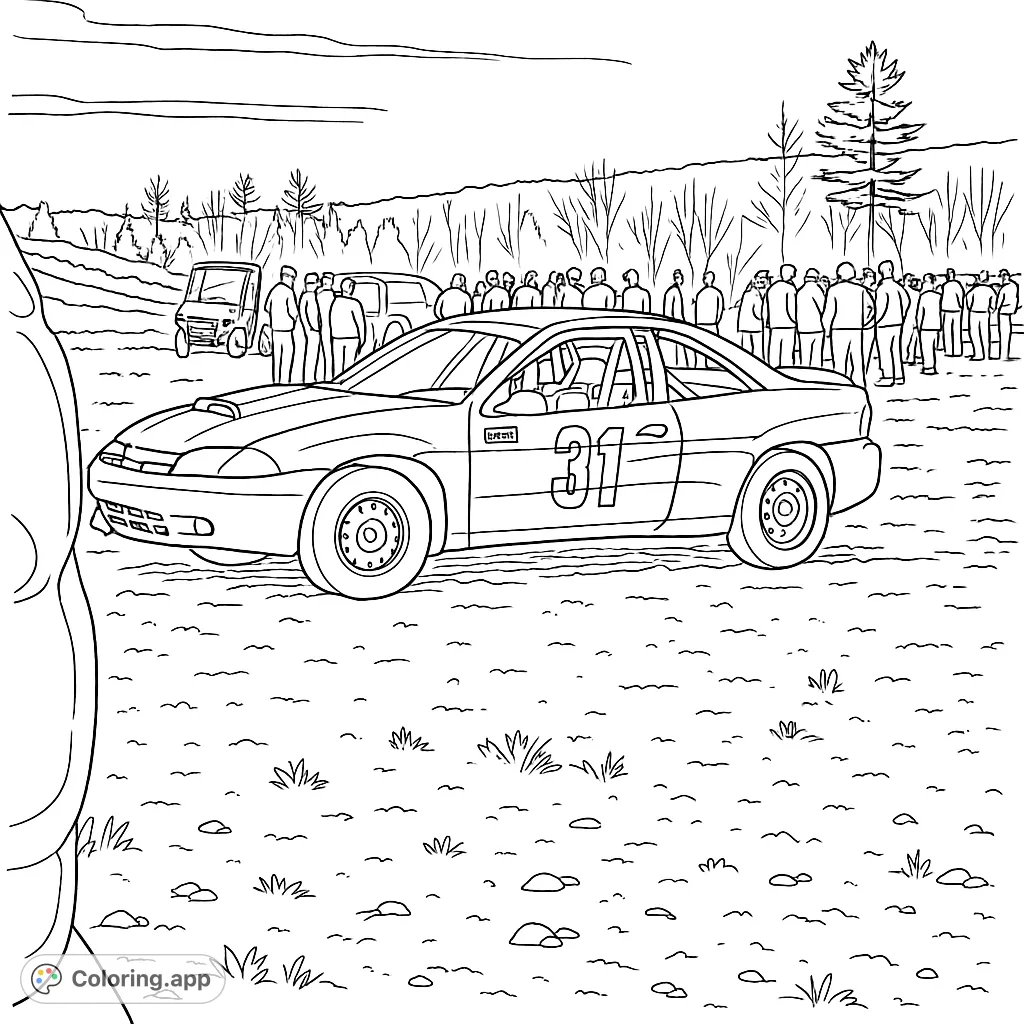 Color this exciting stock car, number 31, parked on a dirt track with a crowd watching. Perfect for motorsport enthusiasts and creative expression.