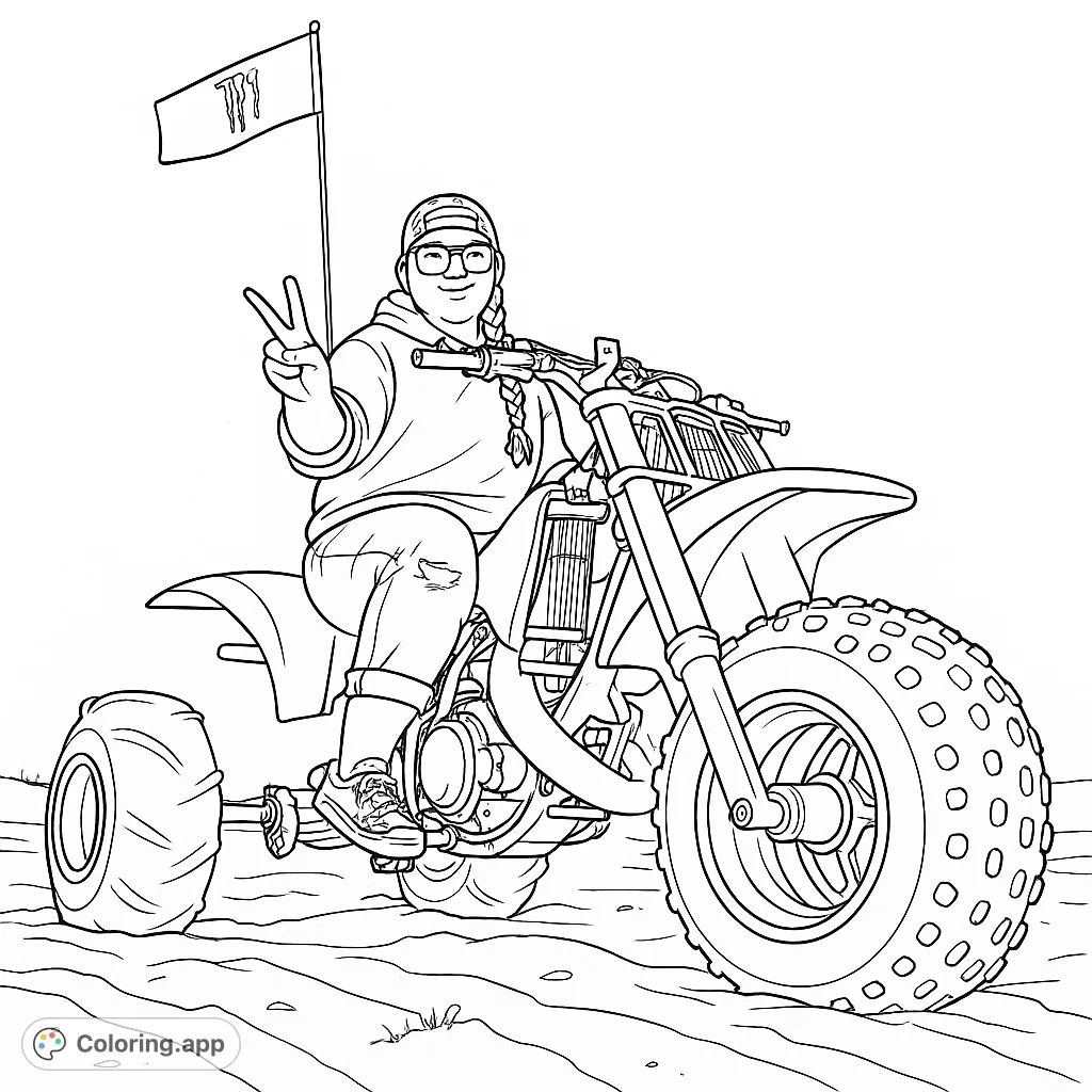 Dynamic coloring page featuring a person on a three-wheeled off-road vehicle in a sandy landscape, making a peace sign, perfect for adventure enthusiasts.