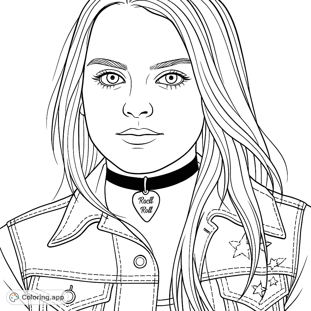 A striking portrait of a young woman with long hair, wearing a denim jacket and a choker with a pick pendant. A stylish and engaging coloring page.
