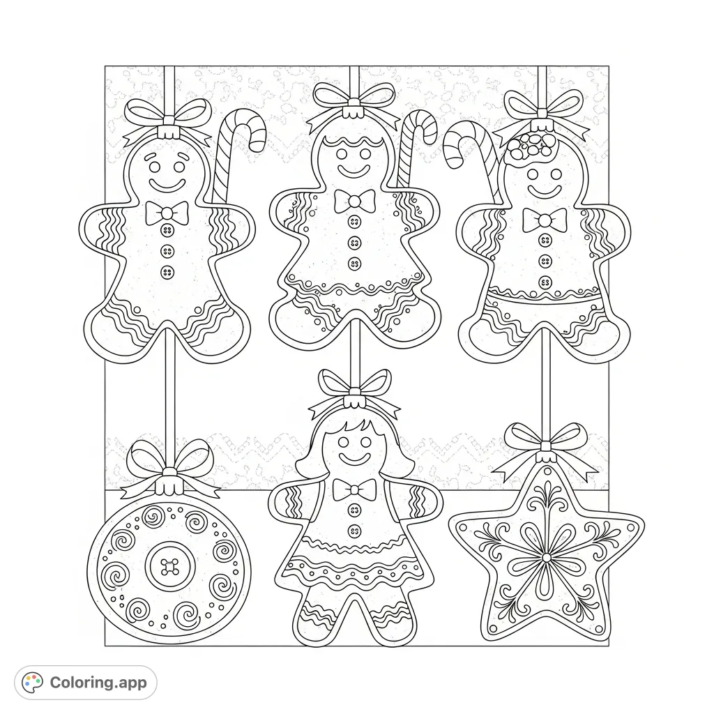 Delightful gingerbread ornaments adorned with intricate frosting details and candy canes, ready to bring holiday cheer to life with your creative touch.