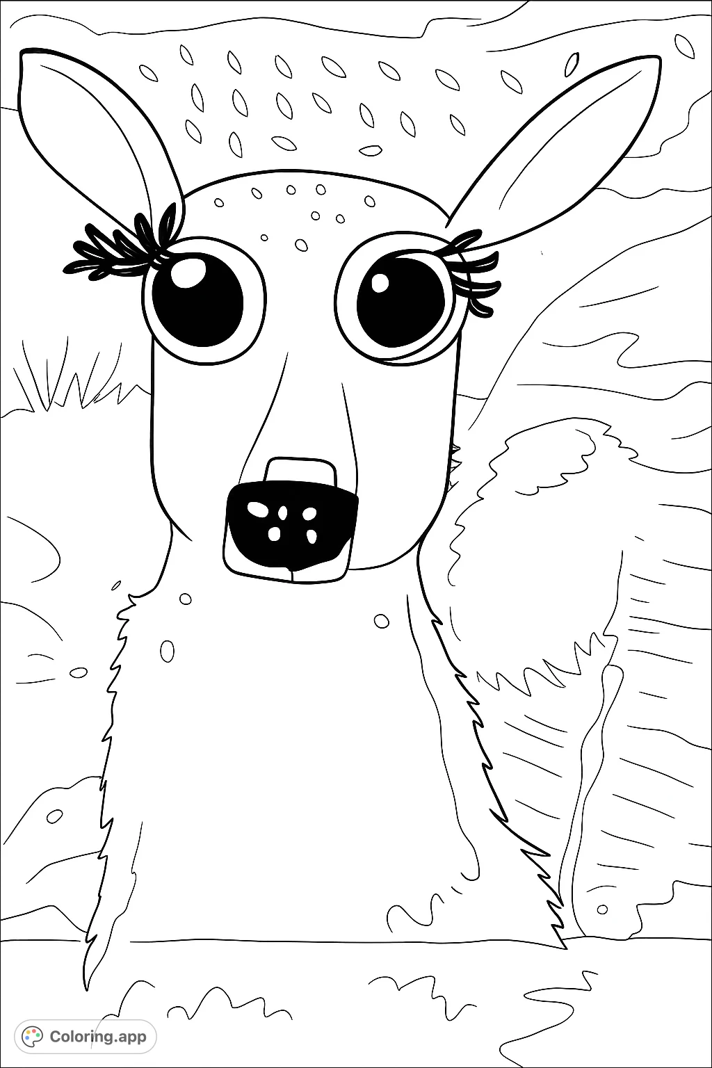 Bring a charming deer-like creature to life! This whimsical fawn coloring page features big eyes, adorable lashes, and an abstract background for creative fun.