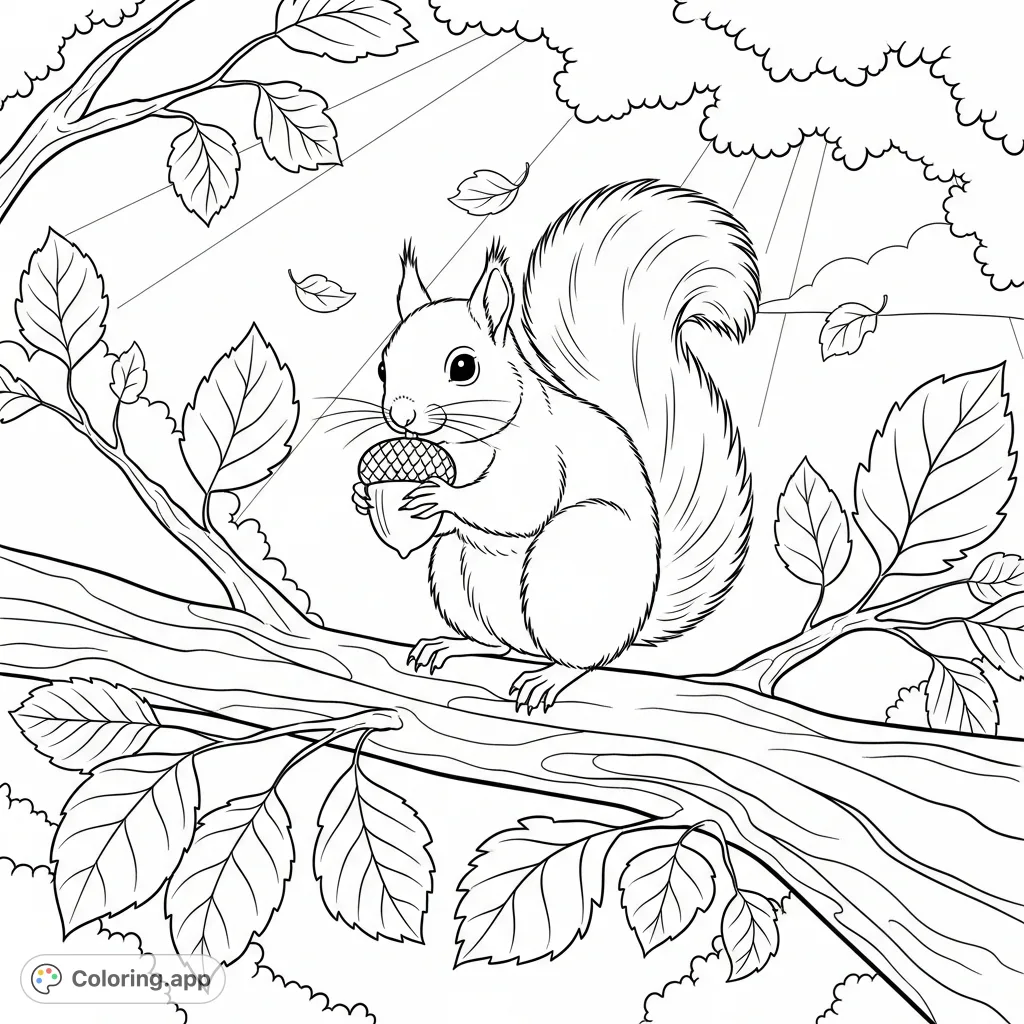 A delightful squirrel enjoys an acorn snack while perched on a sturdy tree branch on a sunny day. Perfect for nature lovers, this free printable coloring page offers a fun challenge.