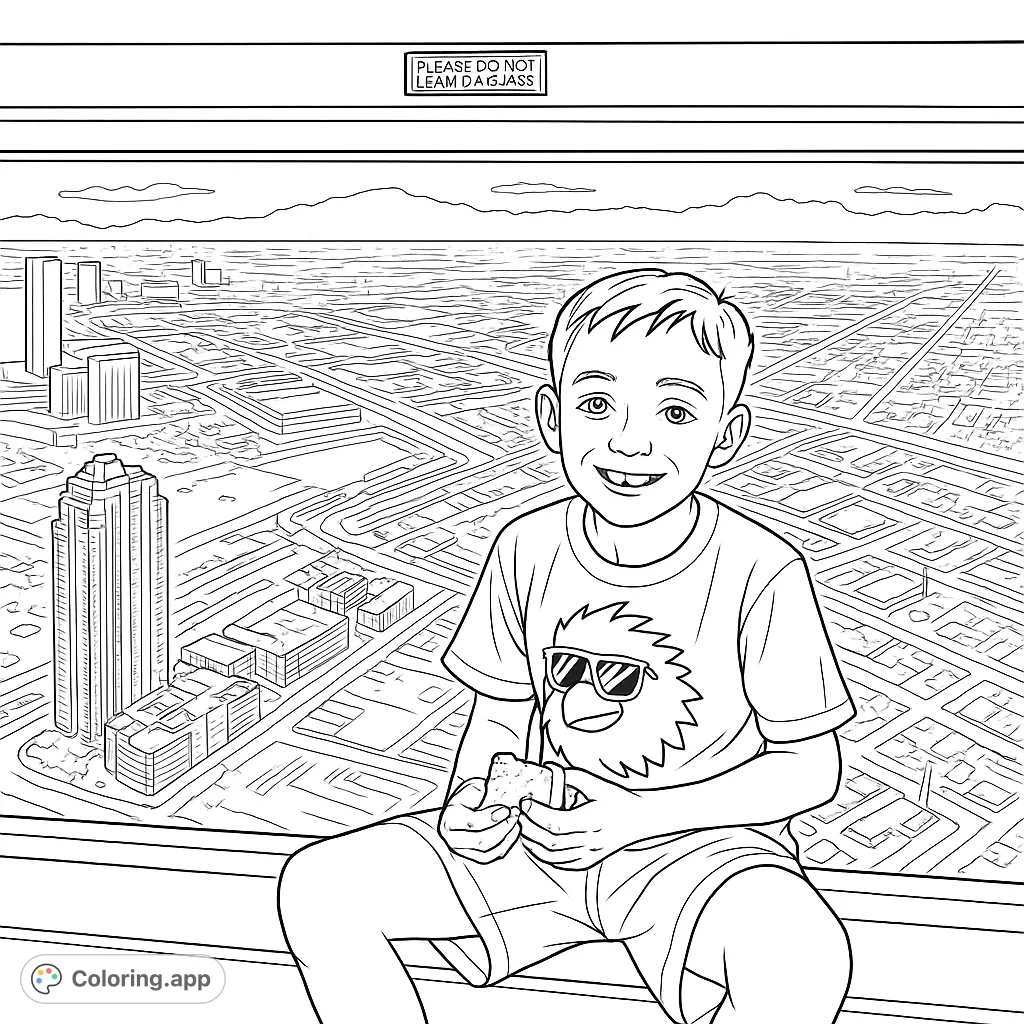 A smiling boy enjoys a grand cityscape view from a high window, featuring detailed buildings, roads, and distant mountains. Perfect for urban explorers.