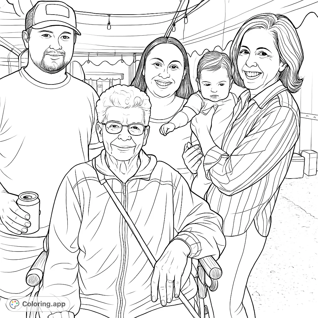 Capture a heartwarming family gathering across four generations. This detailed coloring page features loved ones under a festive tent, perfect for all ages.