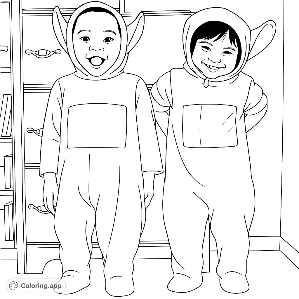 A delightful coloring page featuring two smiling children in adorable, full-body costumes with unique headpieces and torso panels, ready for imaginative play.