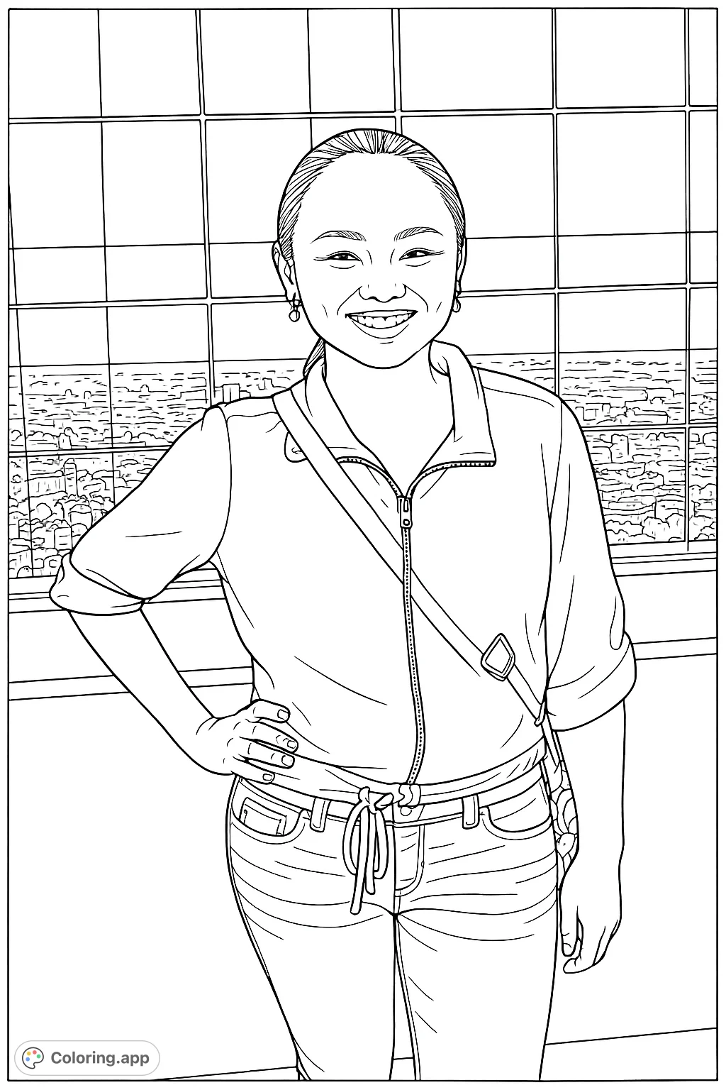 Capture a cheerful individual against a sparkling city skyline and grid barrier. Perfect for personalizing details of urban nights and happy moments.