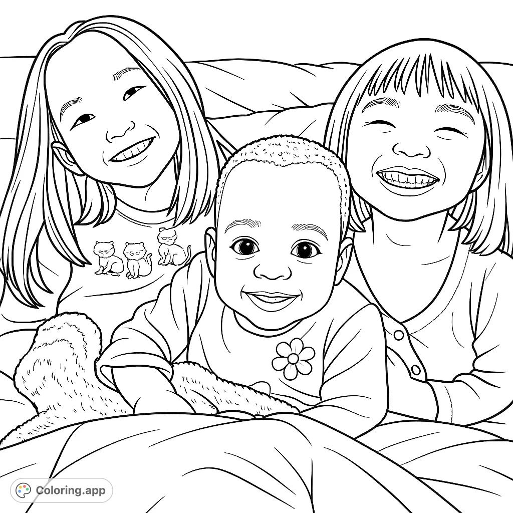 A heartwarming portrait of three children smiling together, featuring a detailed plush toy and playful clothing patterns. Perfect for a joyful coloring experience.